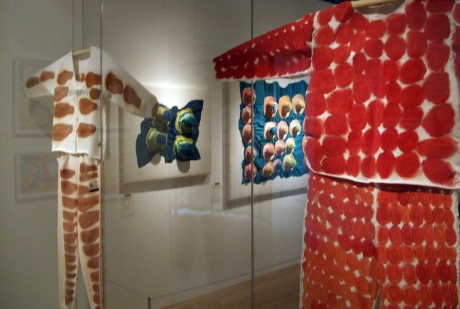 Takashira Shimada, (left) Fried Chicken Pyjamas, 2002, oil-based marker, acrylic paint, pyjamas. (Right) Salmon Roe Pyjamas, 2004, thread, oil based marker, acrylic paint, pyjamas